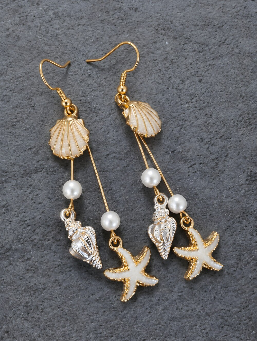 Gold Starfish Pearl Shell Dangle Earrings Beach Mermaidcore Statement Jewelry